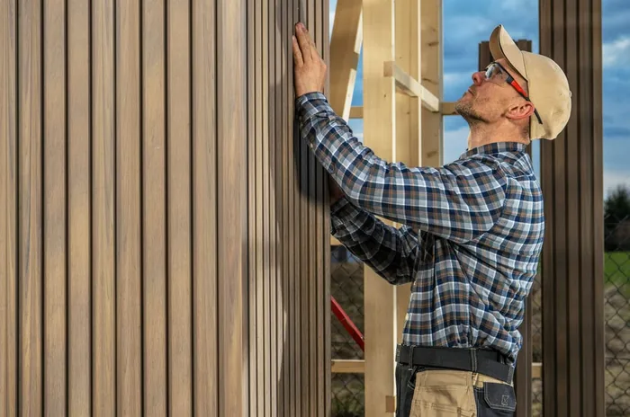 Installer fitting wall cladding on site